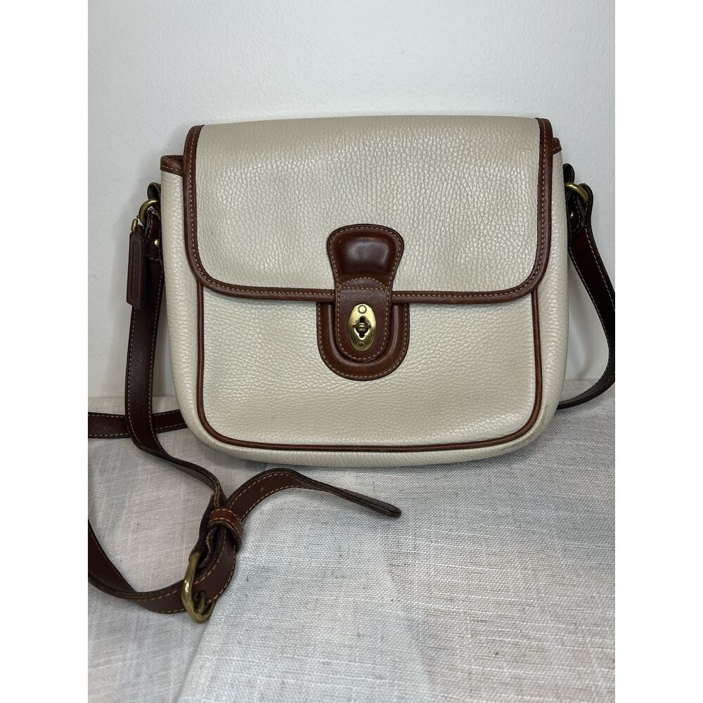 Coach Vintage Crossbody Leather Bone Purse With Camel Trim & Adjustable Strap